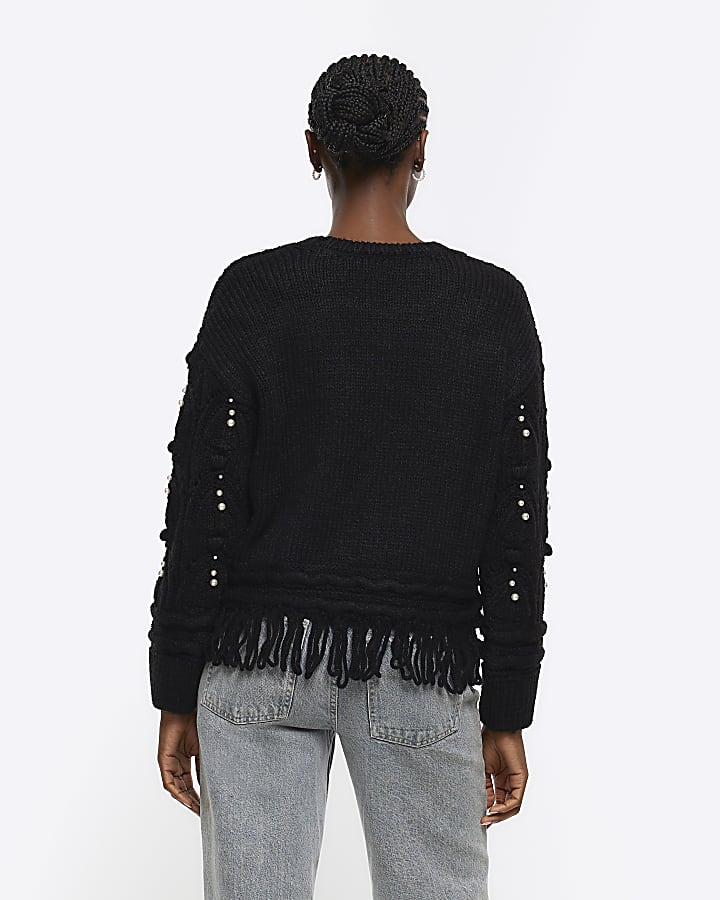 Black pearl fringed cable knit jumper