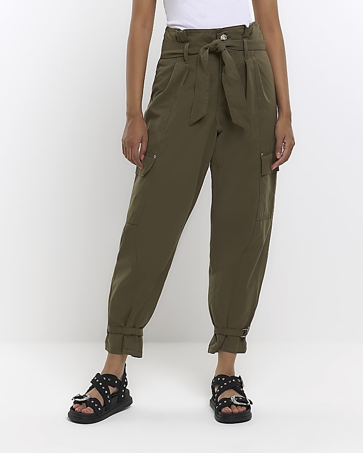 Khaki paperbag high waisted trousers