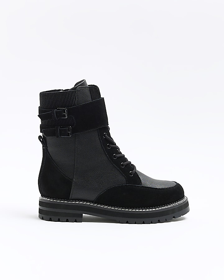 Black suede lace up ankle boots River Island