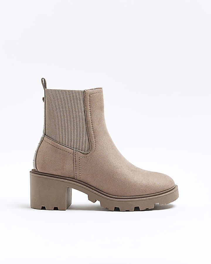 Beige suedette block heel boots River Island