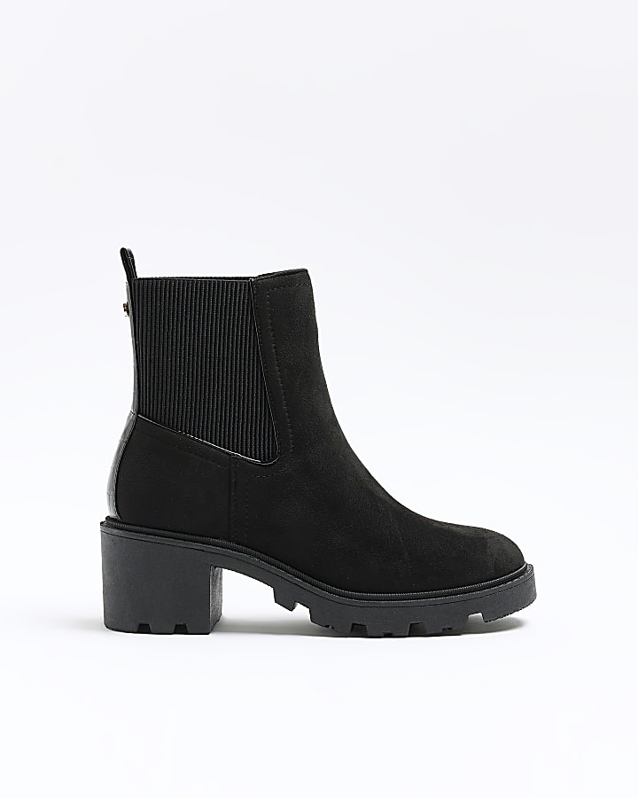 Black suedette block heel boots River Island