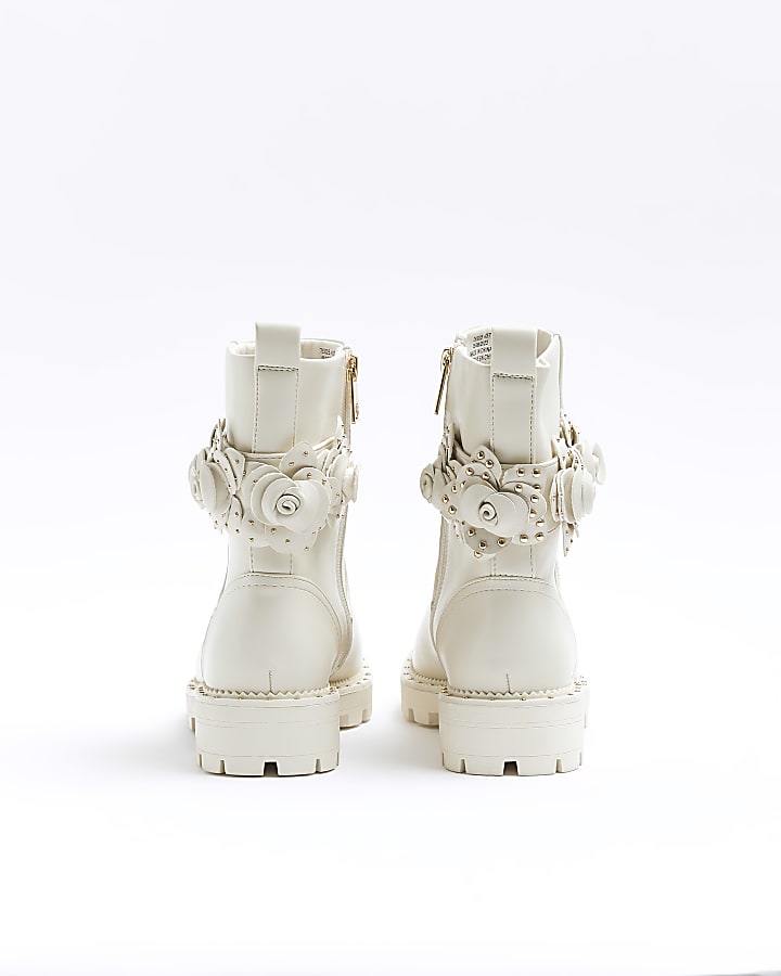 Cream flower detail biker boots