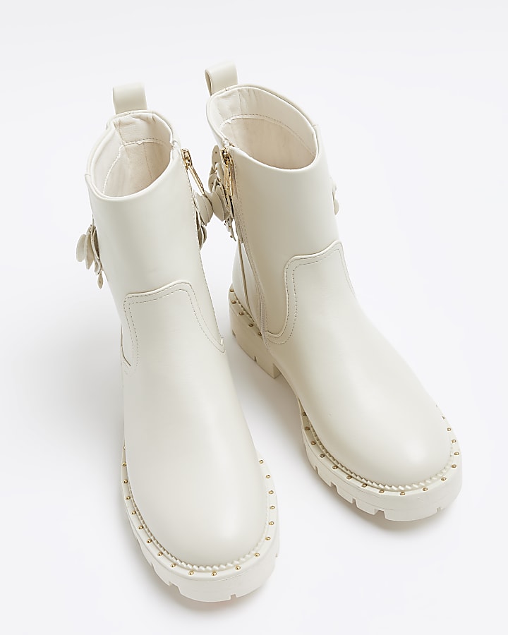 Cream flower detail biker boots