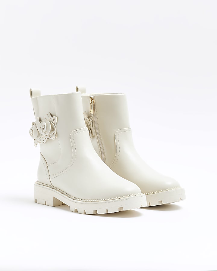 Cream flower detail biker boots