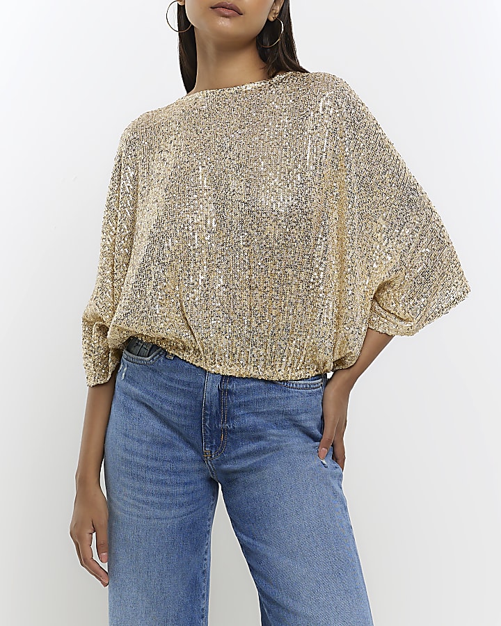 Yellow sequin short sleeve top River Island