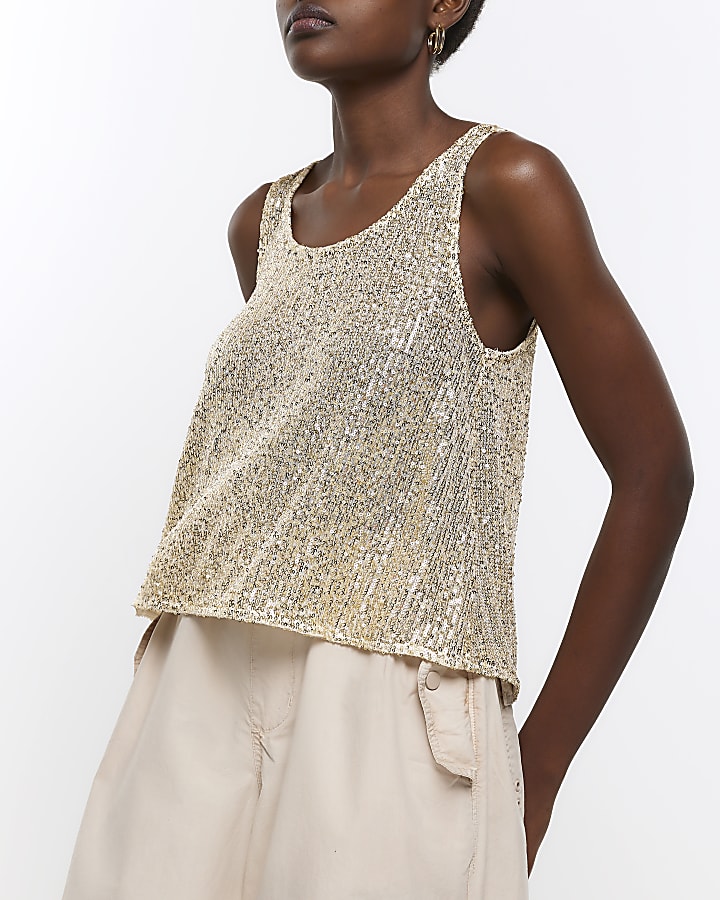 Yellow sequin scoop neckline tank top