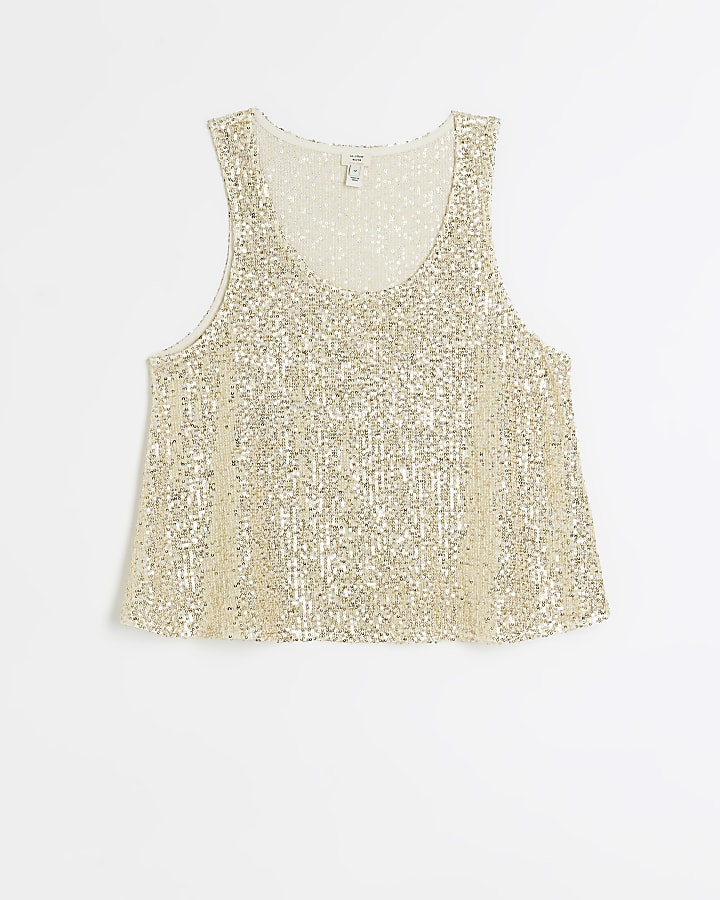 Yellow sequin scoop neckline tank top