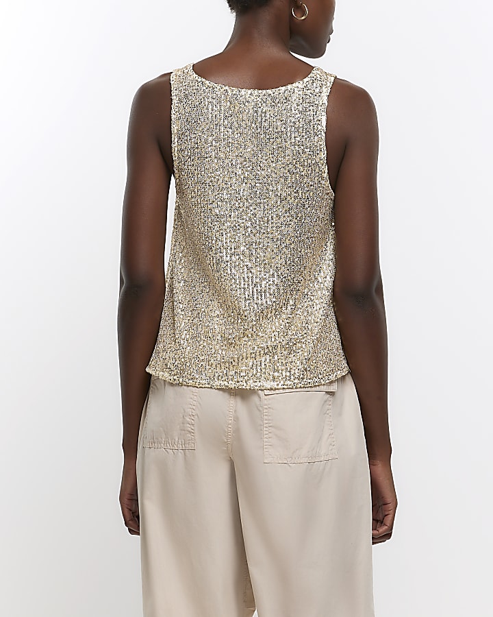 Yellow sequin scoop neckline tank top