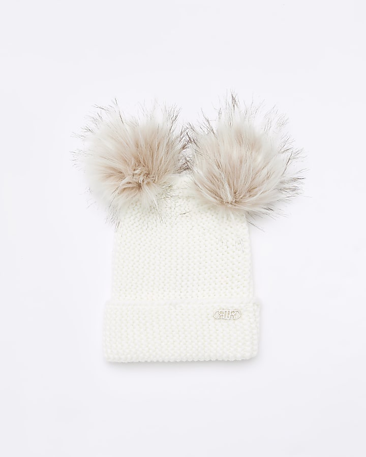 Cream double pom pom beanie