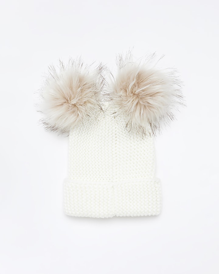 Cream double pom pom beanie