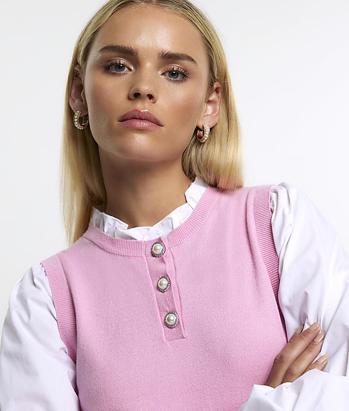 Petite pink puff sleeve hybrid top