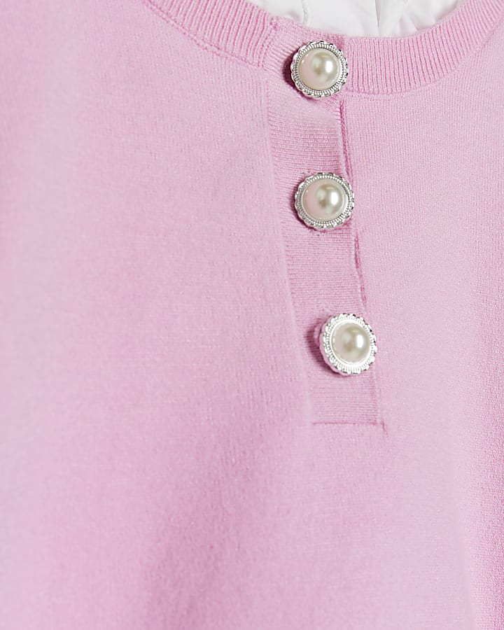 Petite pink puff sleeve hybrid top