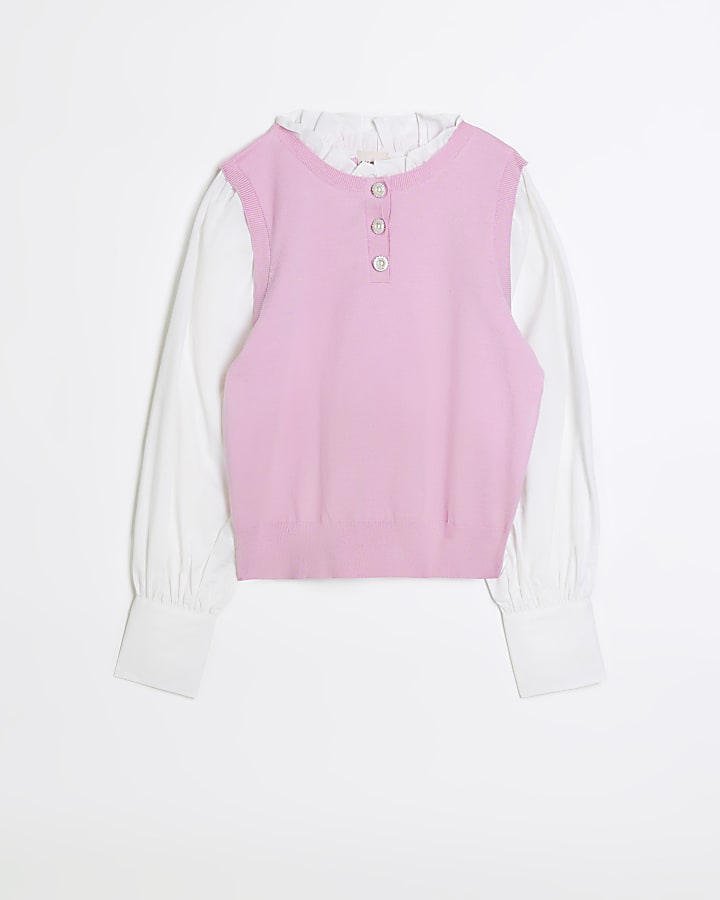 Petite pink puff sleeve hybrid top