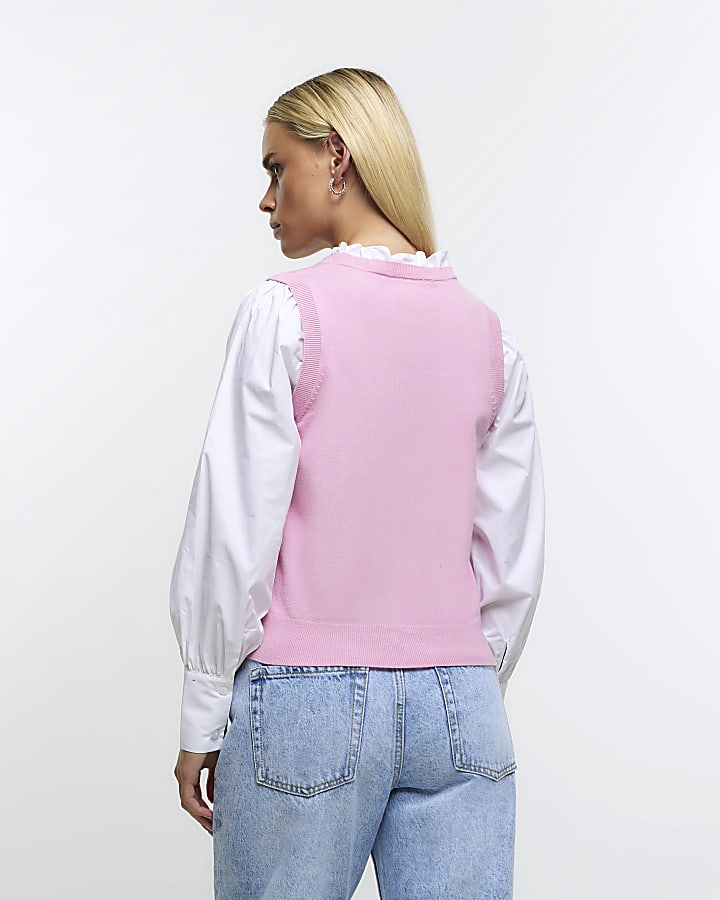 Petite pink puff sleeve hybrid top