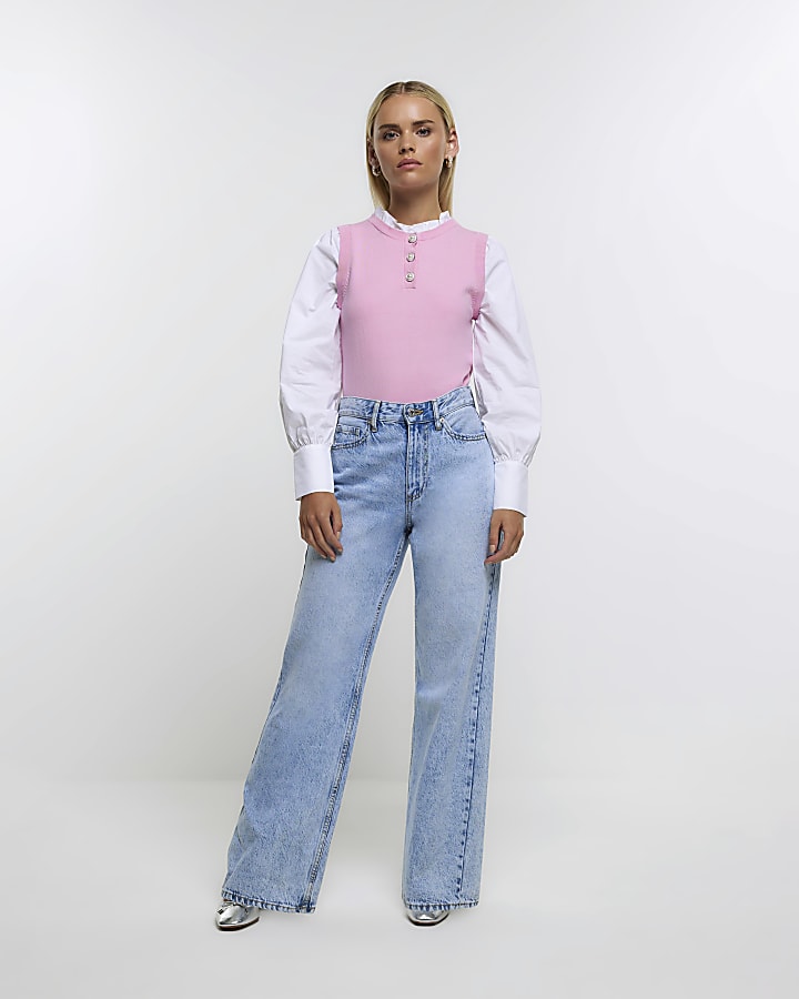 Petite pink puff sleeve hybrid top
