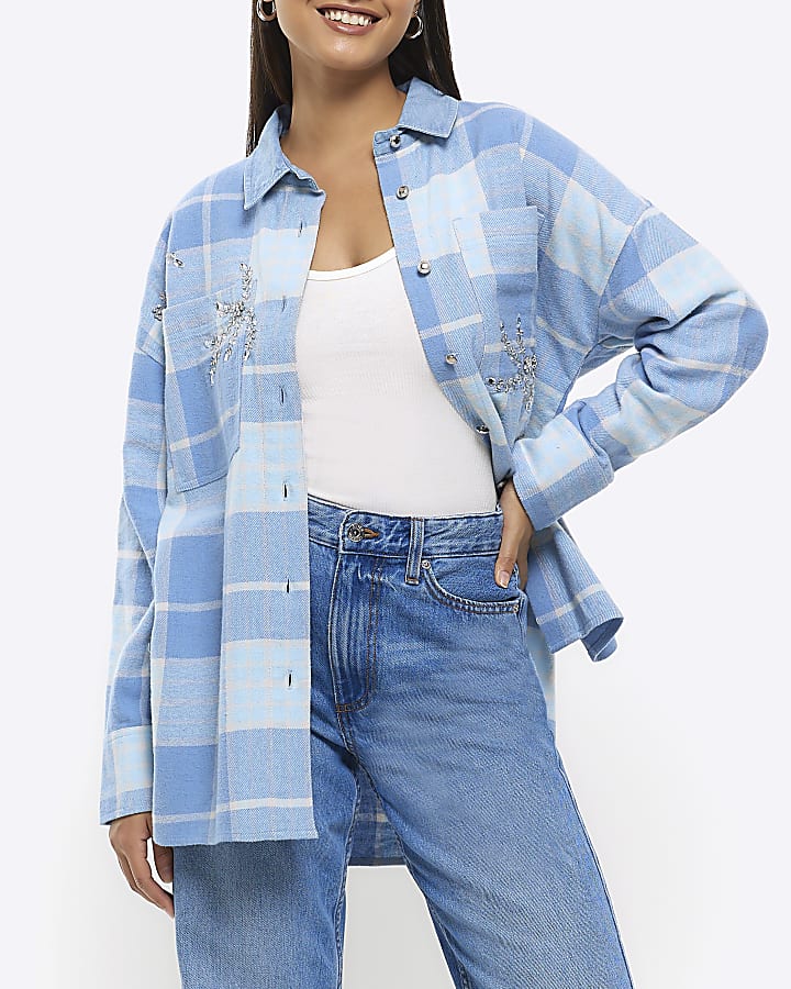 Blue check embellished shirt River Island