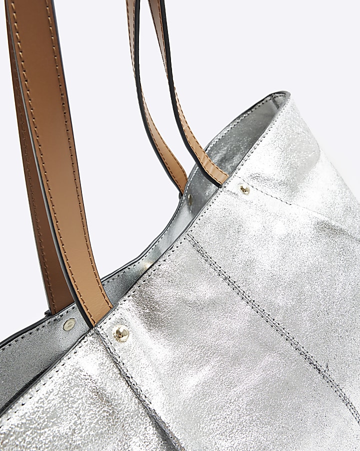 Silver leather metallic shopper bag