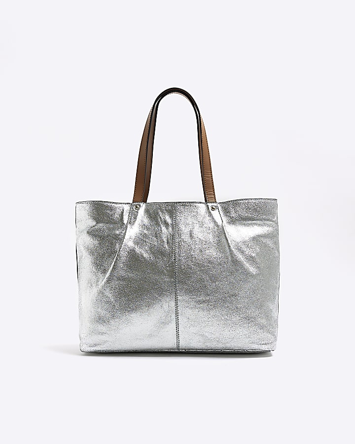 Silver leather metallic shopper bag