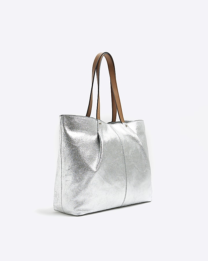 Silver leather metallic shopper bag