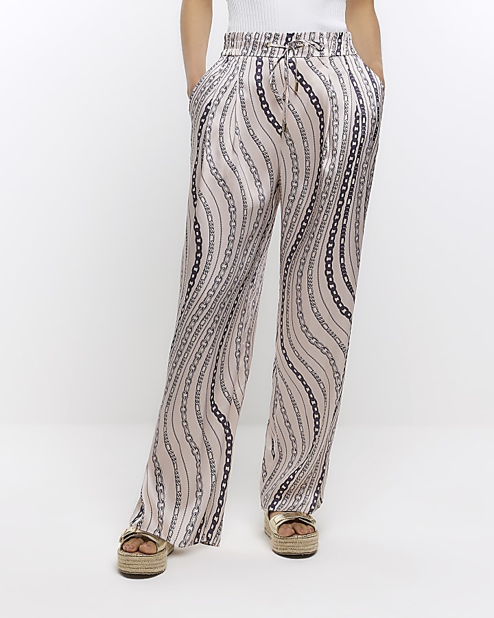 White chain print wide leg trousers