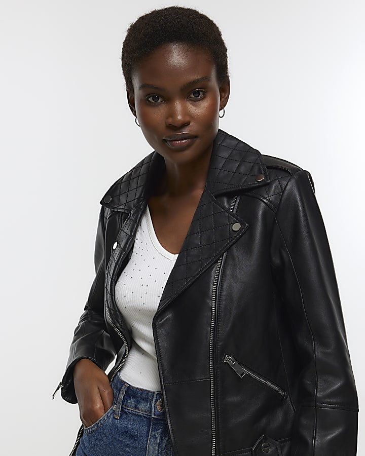 Black leather zip up biker jacket