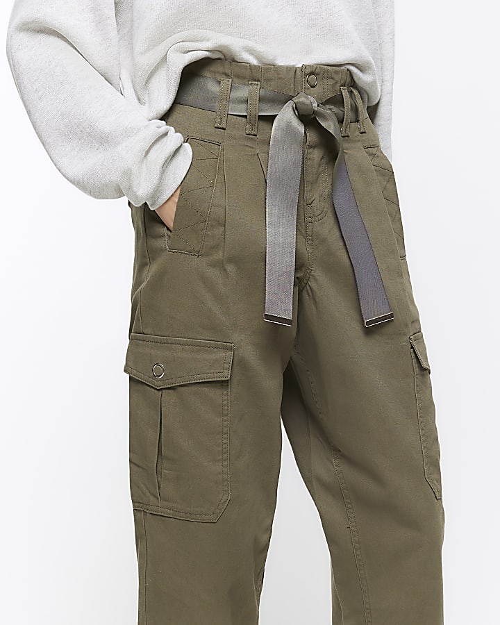 Khaki belted paperbag cargo trousers