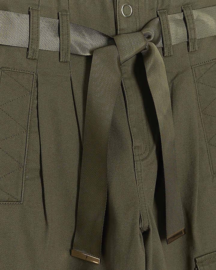 Khaki belted paperbag cargo trousers