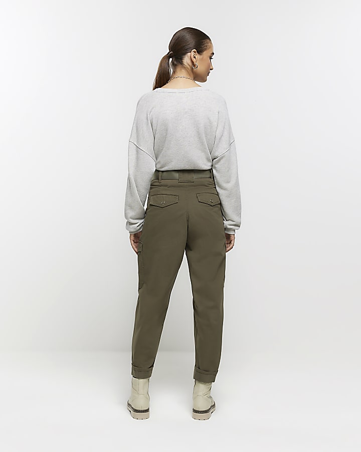 Khaki belted paperbag cargo trousers