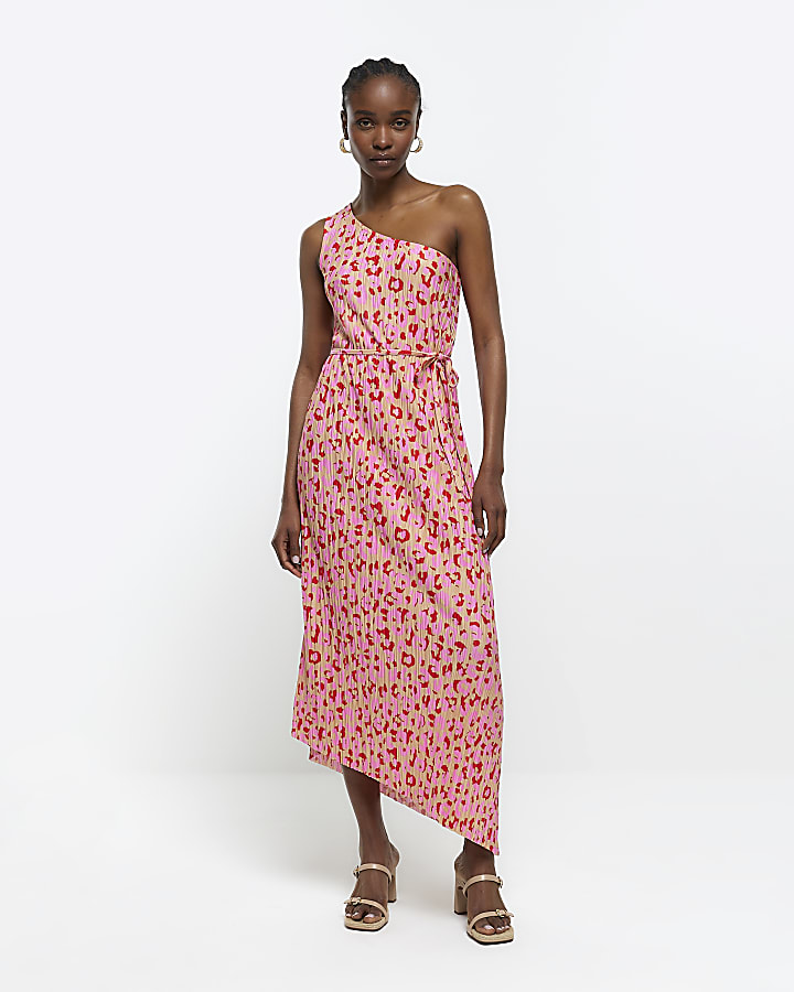 Pink leopard one shoulder plisse maxi dress River Island