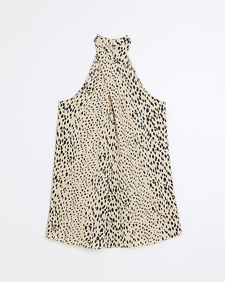 Beige animal print halter shift mini dress