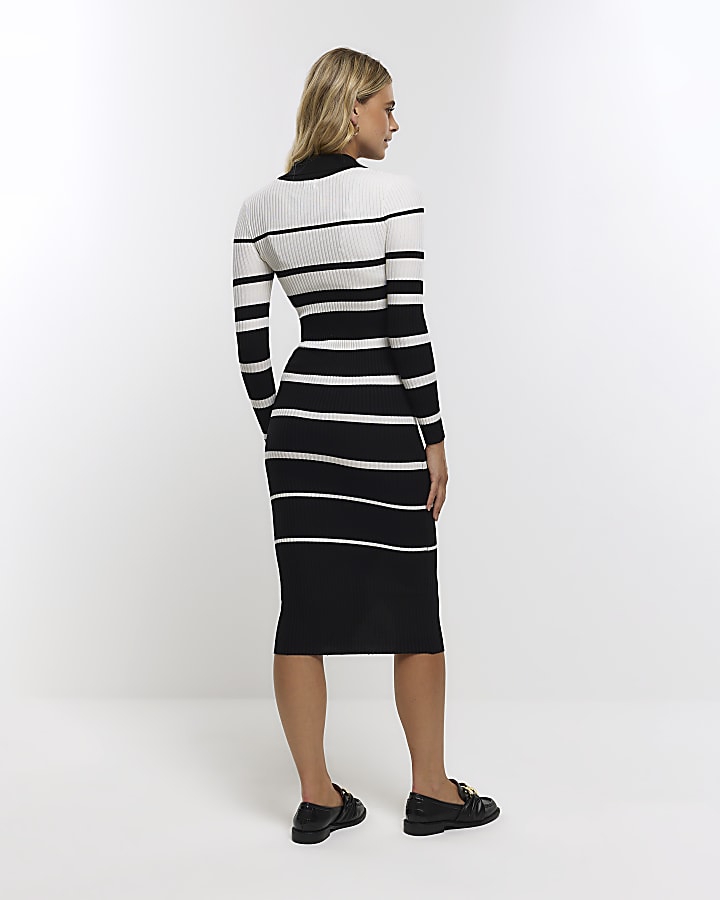 White stripe buttoned up bodycon midi dress