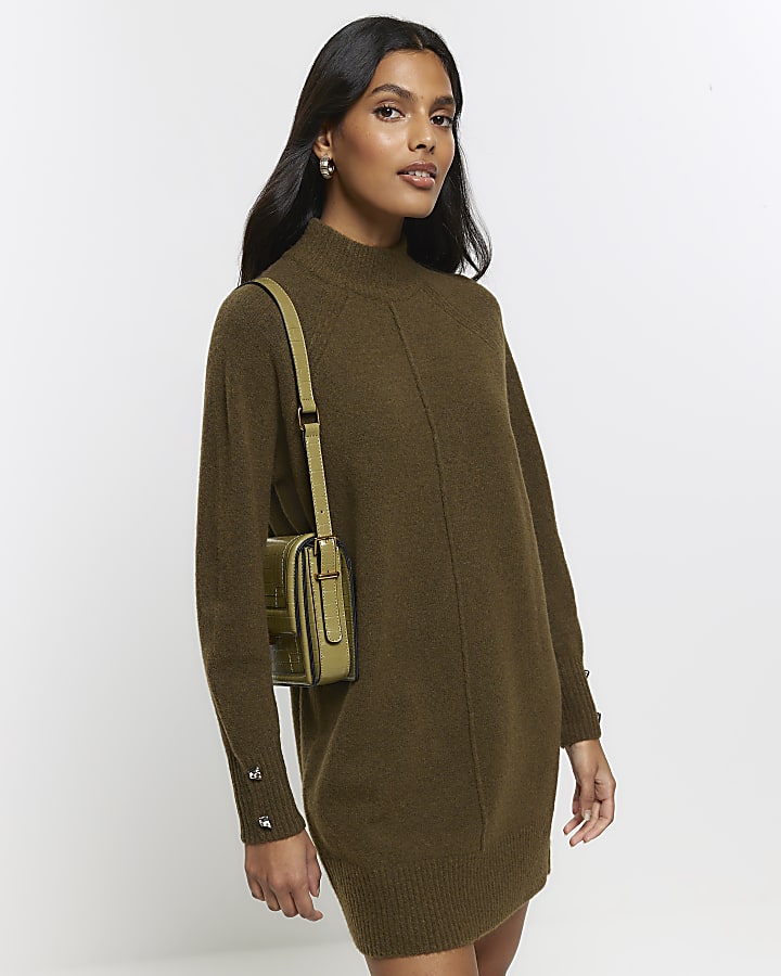 Khaki knitted cosy jumper mini dress