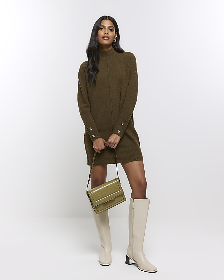 Khaki knitted cosy jumper mini dress