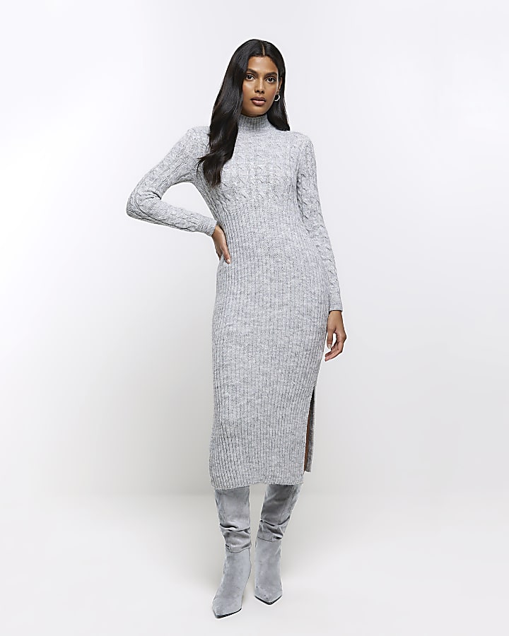 Grey cable knit jumper midi dress River Island