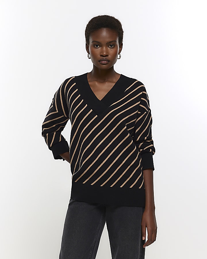 Black stripe v-neck jumper