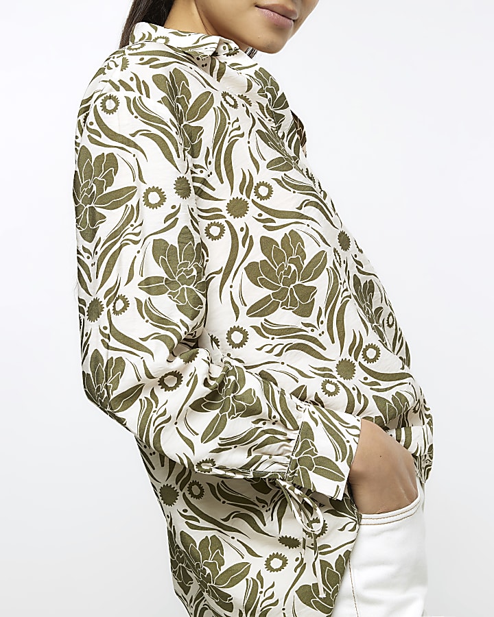 Green satin floral oversized shirt