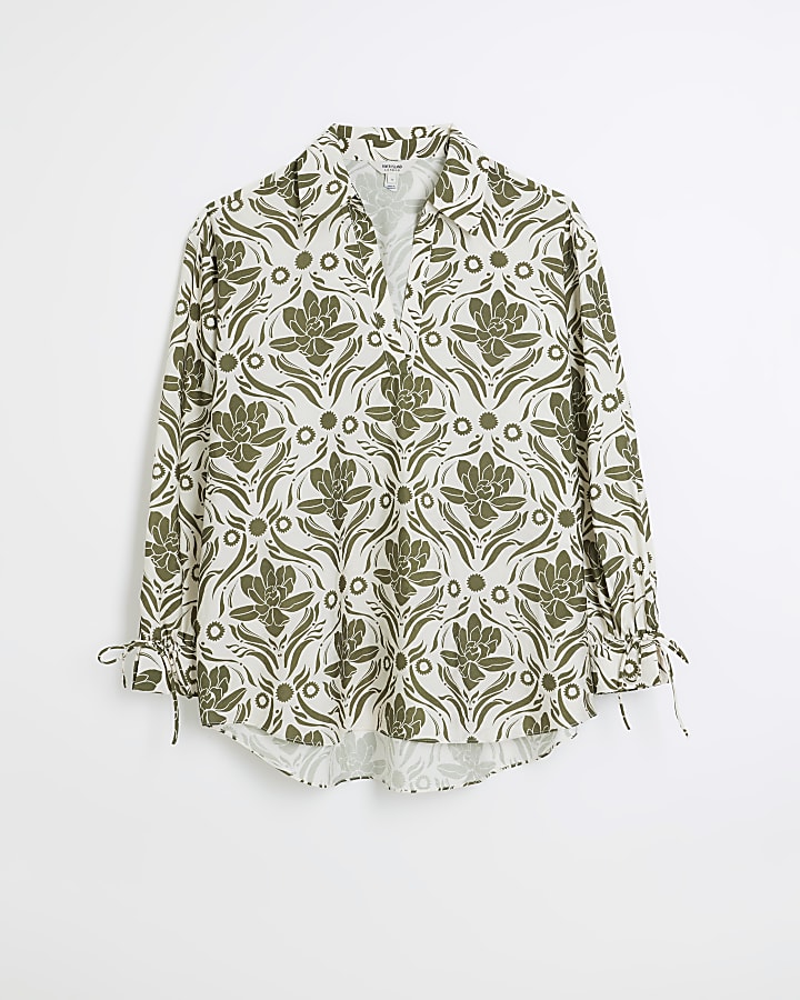 Green satin floral oversized shirt