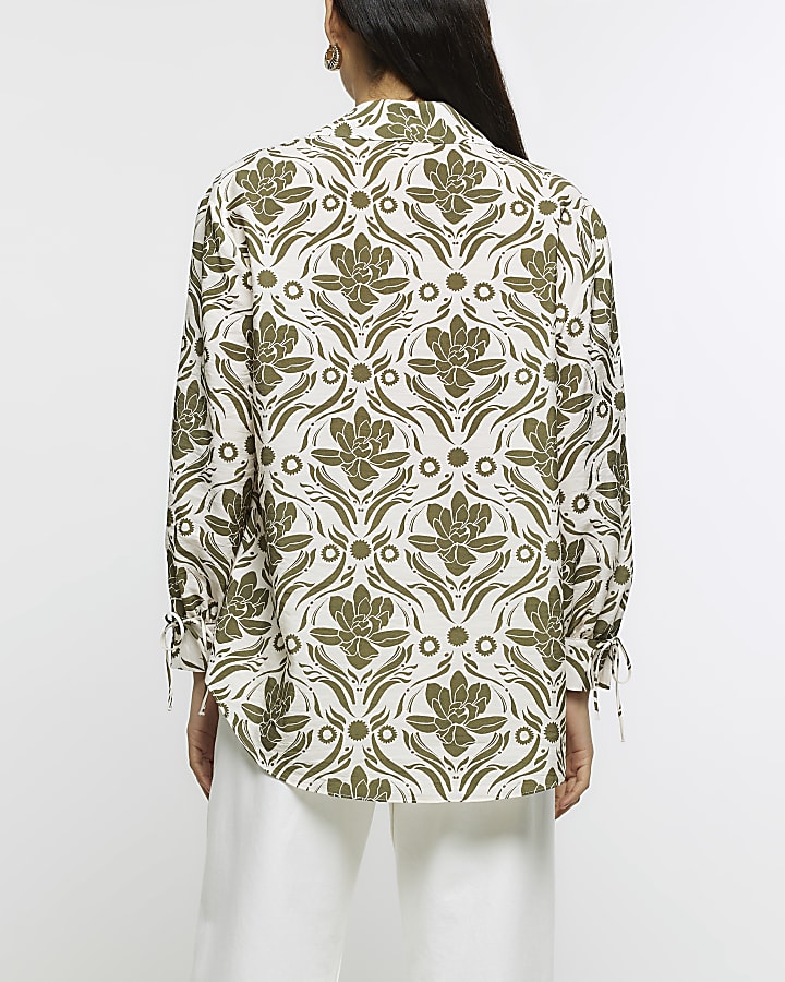 Green satin floral oversized shirt