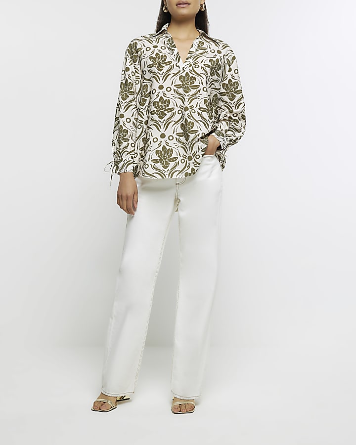 Green satin floral oversized shirt