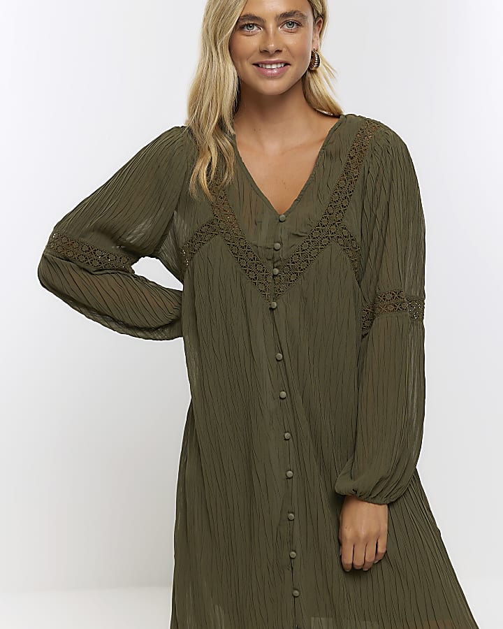 Khaki broderie detail smock maxi dress