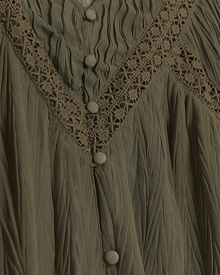 Khaki broderie detail smock maxi dress