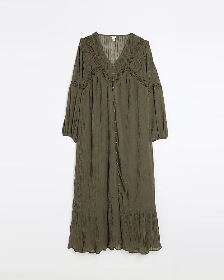 Khaki broderie detail smock maxi dress