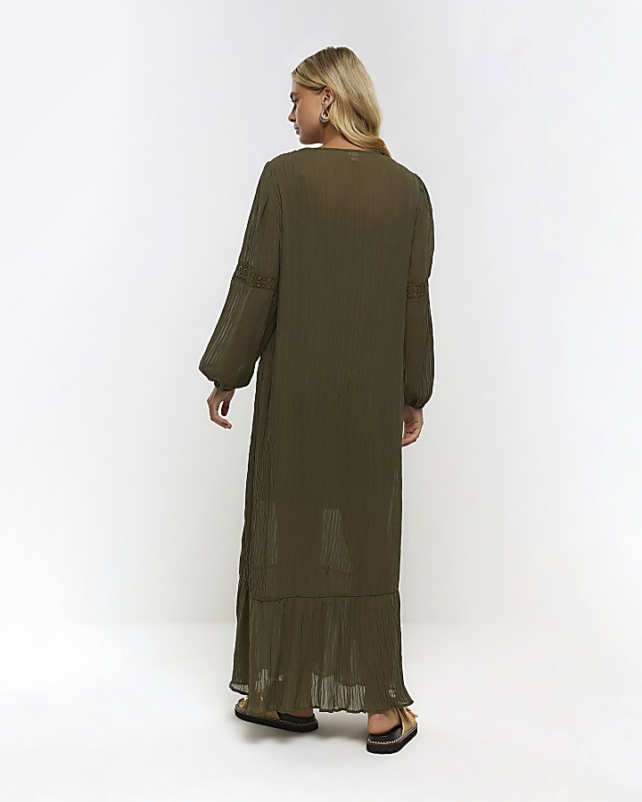 Khaki broderie detail smock maxi dress
