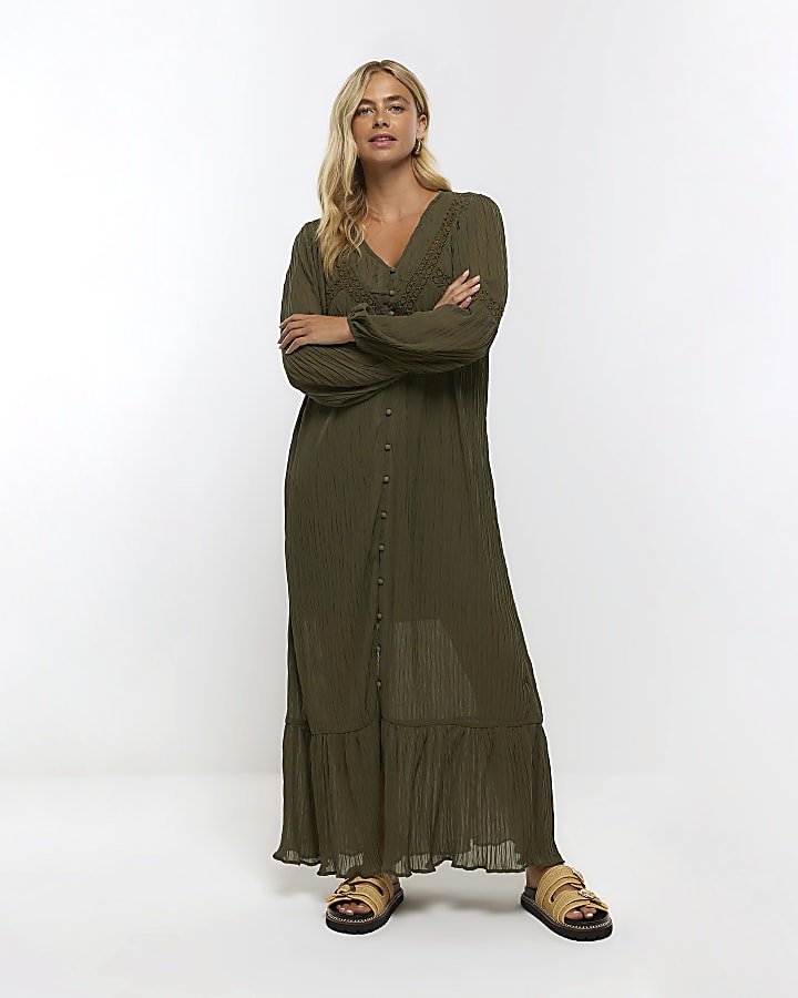 Khaki broderie detail smock maxi dress