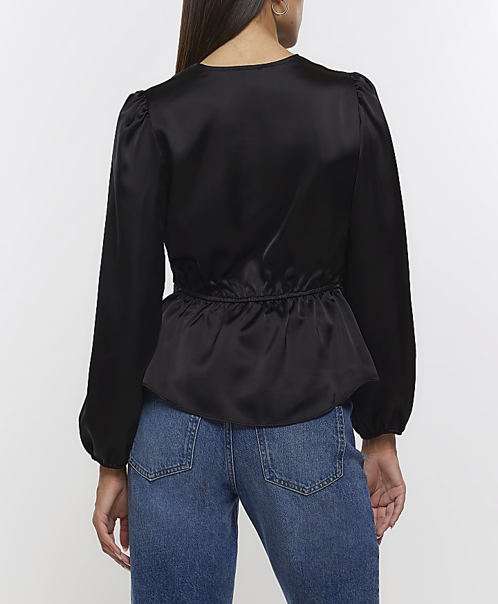 Black satin long sleeve blouse