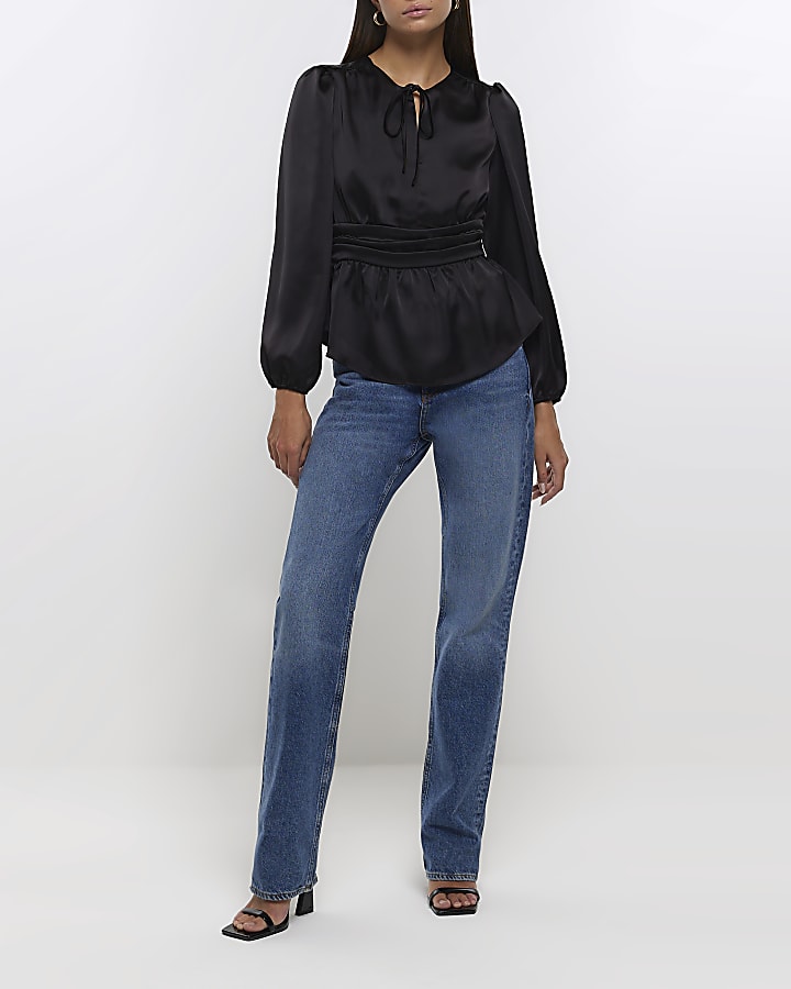 Black satin long sleeve blouse