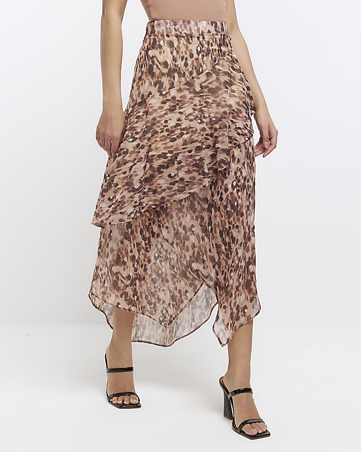 Brown animal print layered midi skirt