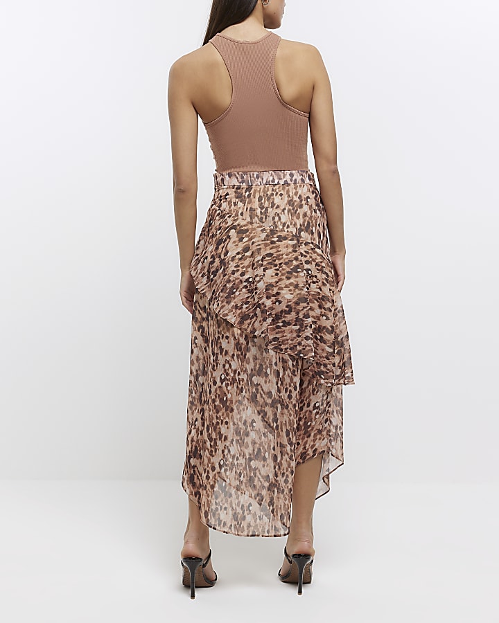 Brown animal print layered midi skirt