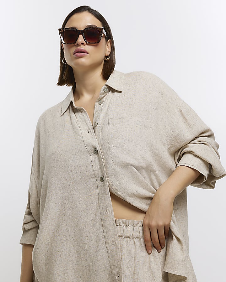 Plus stone oversized shirt with linen