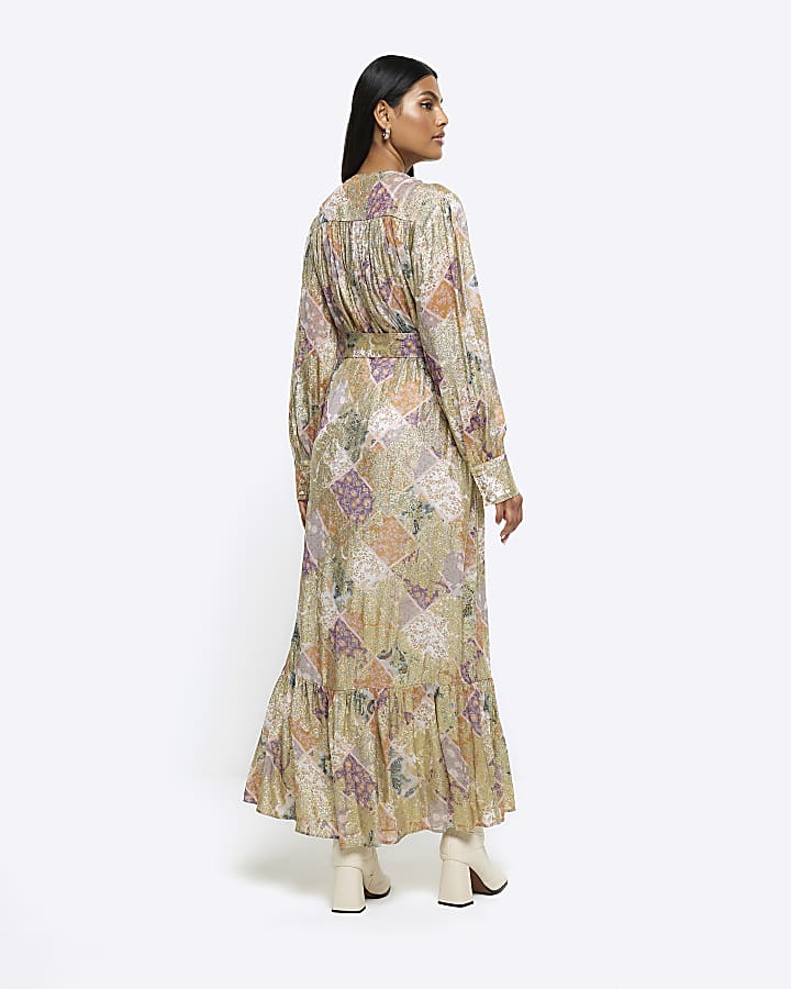 Gold floral patchwork belted swing midi dress